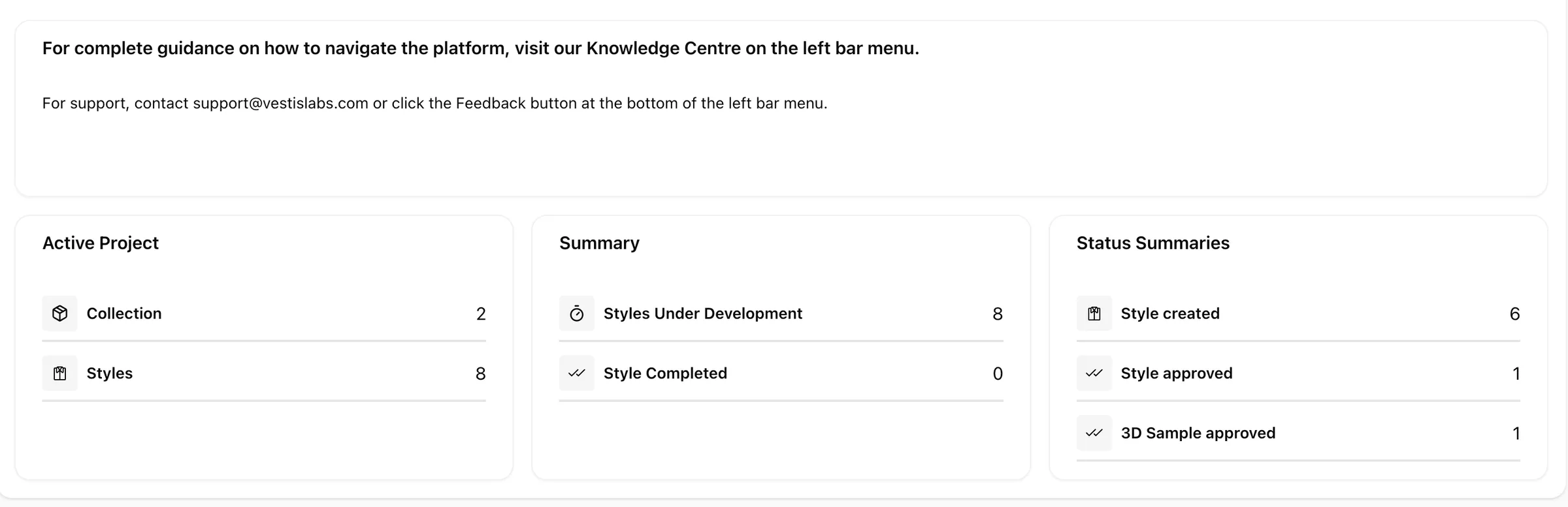 Breaks down styles by lifecycle milestone reached — for example how many have been Created, Approved, or had a 3D Sample…