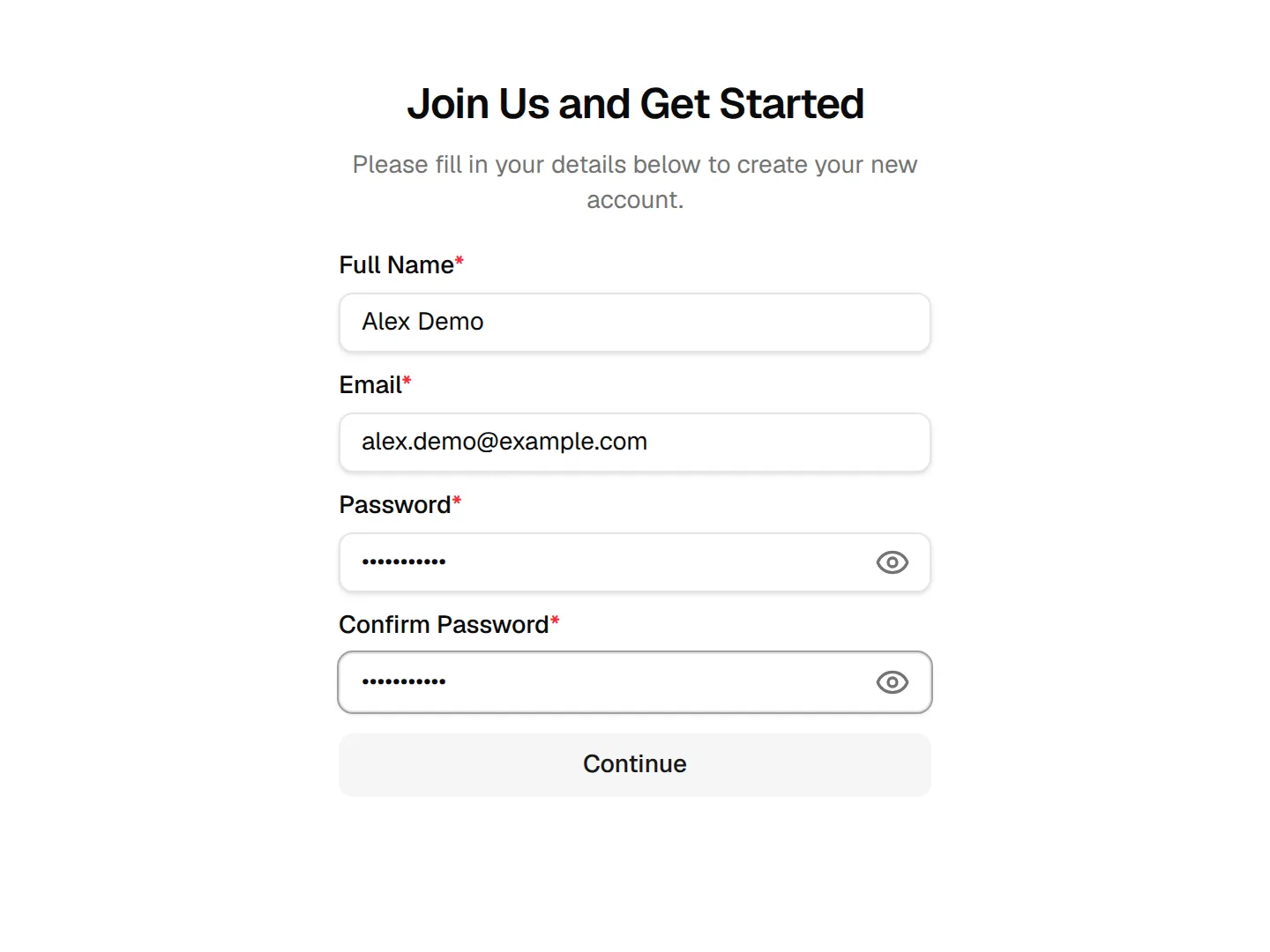 The first step of the form filled in with name, email and password, ready for Continue