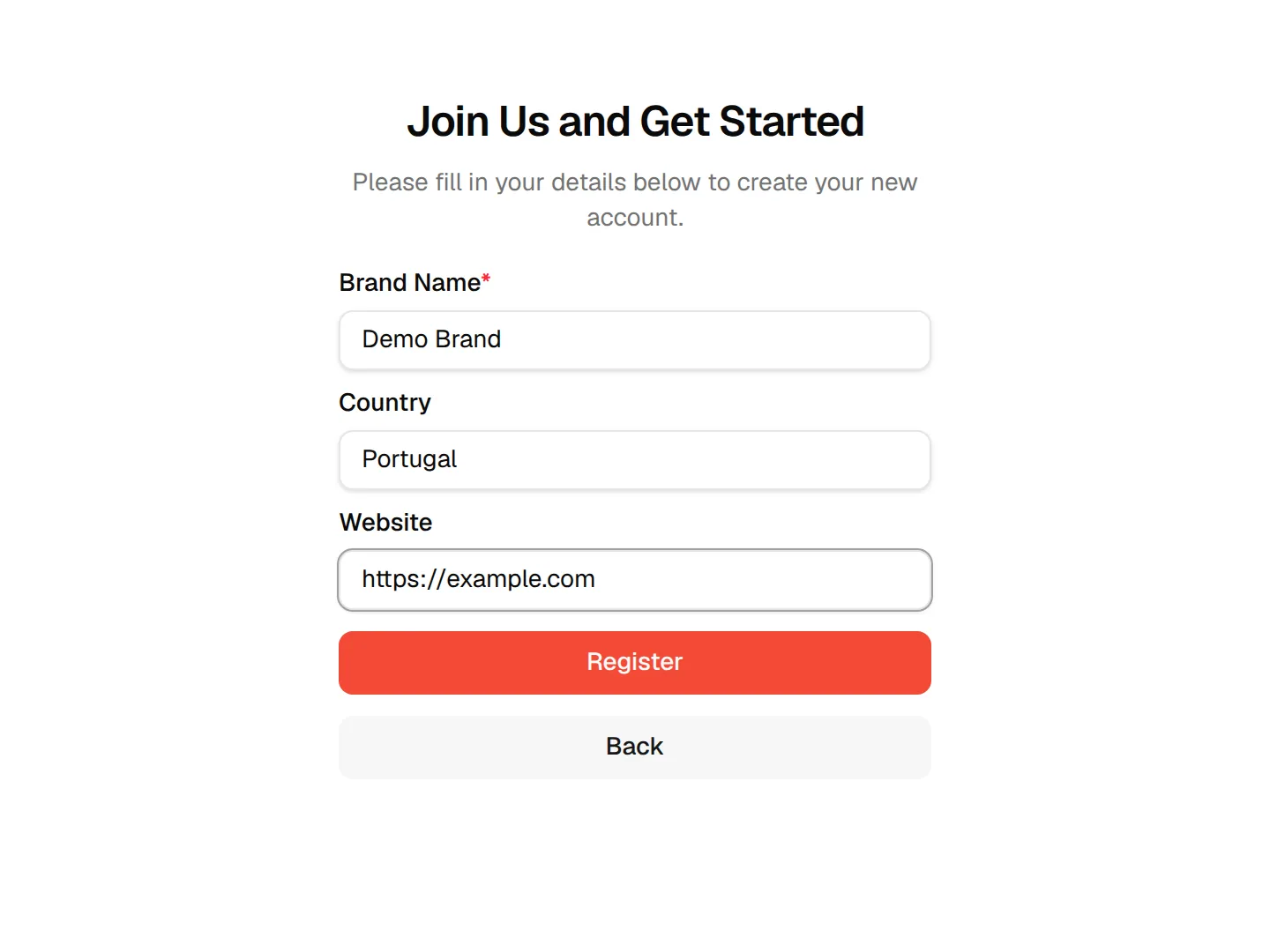 The second step asking for Brand Name, Country and Website with Register and Back buttons