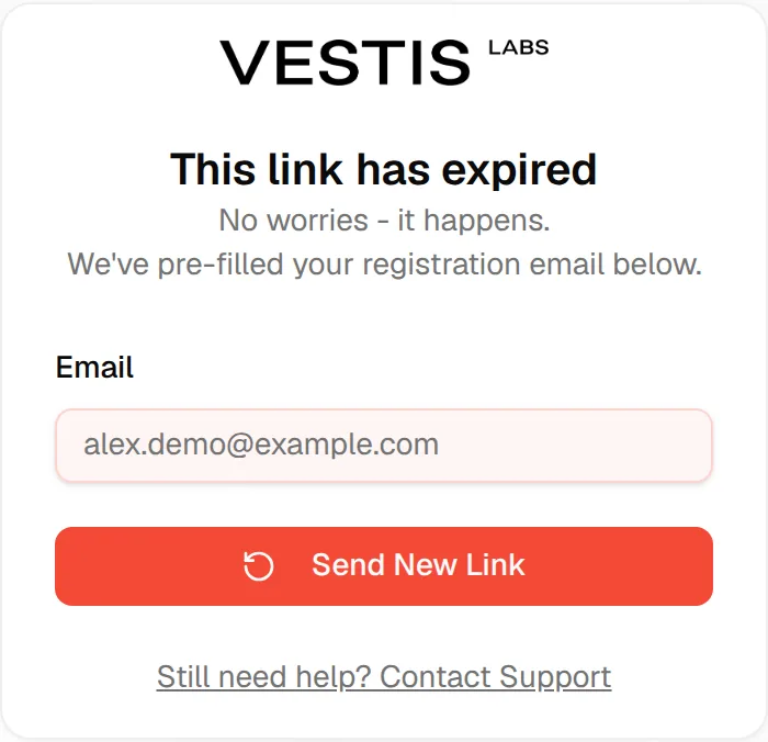 The This link has expired card with the invited email and a Send New Link button