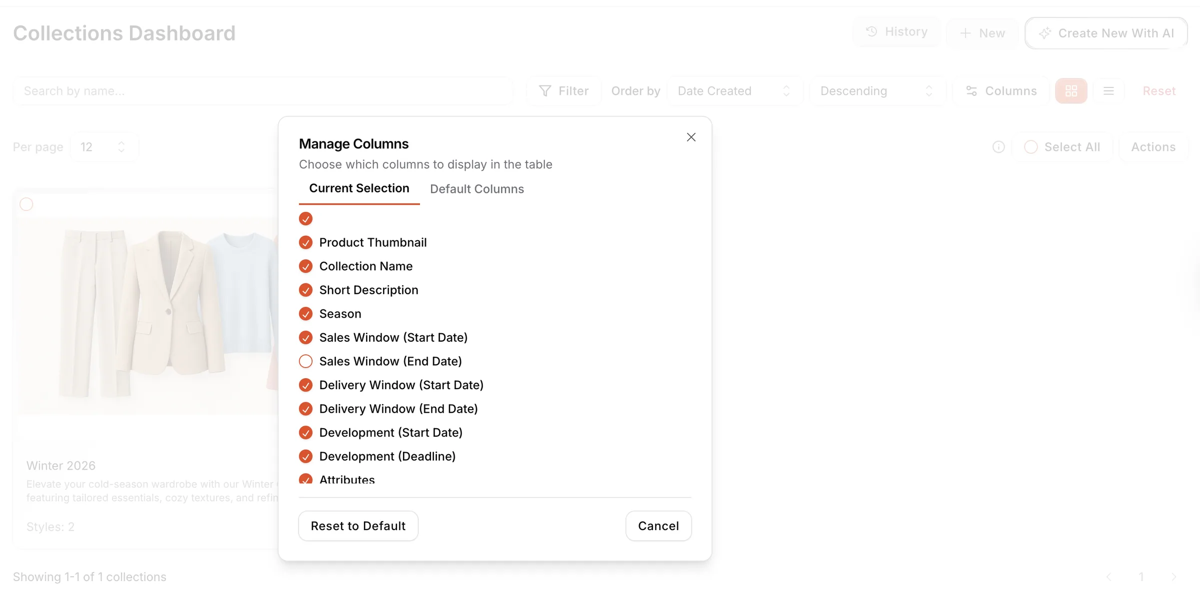 This feature enables users to choose which columns appear in the Collection and Style lists.