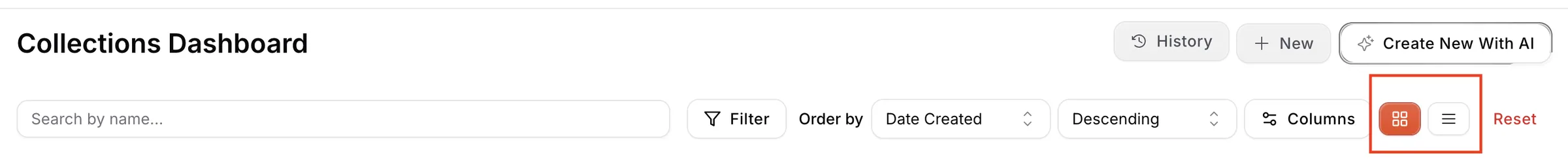 The View Toggle Icon lets users switch between Grid View and List View when browsing collections, styles, or library data.