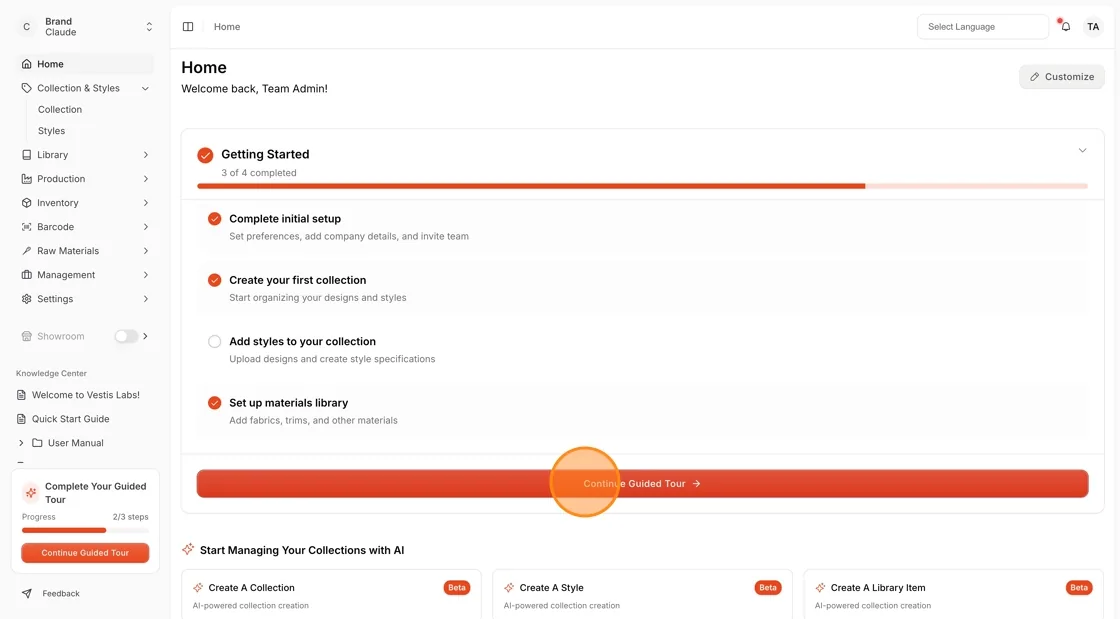 Select Continue Guided Tour to proceed with onboarding steps.