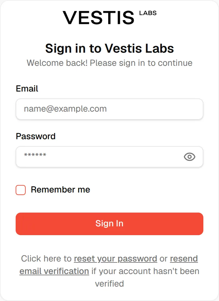 The Sign in to Vestis Labs card with Email, Password, Remember me and the Sign In button
