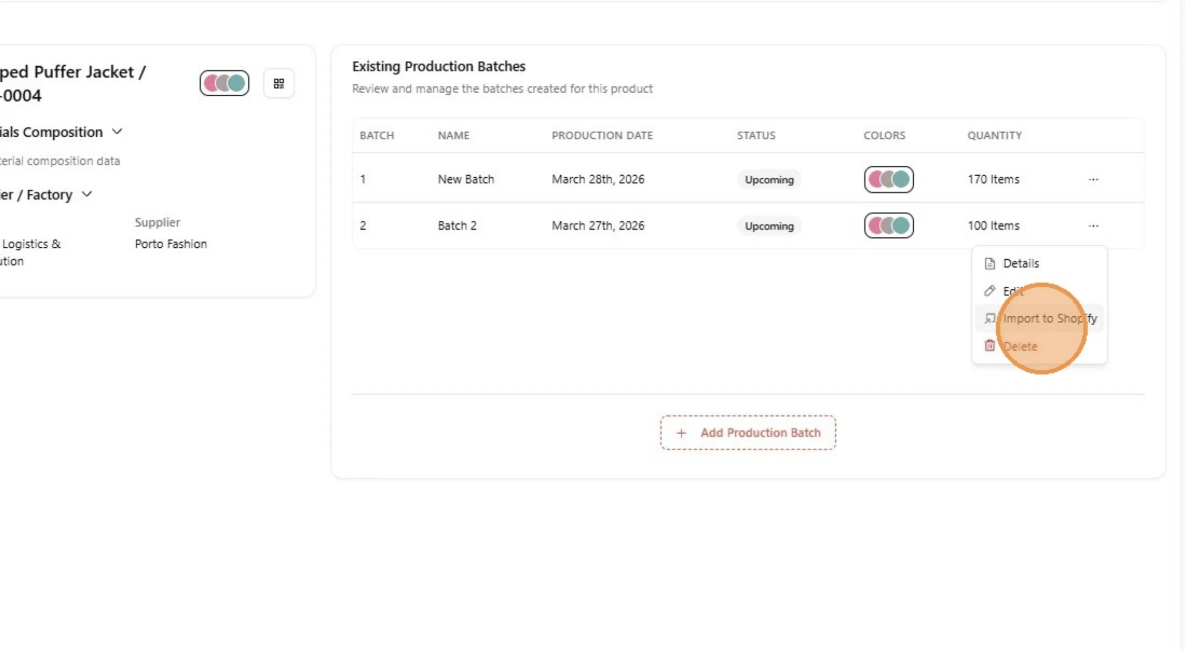 When a user doesn't toggle the import/integrate batch production to Shopify while creating the Batch Production.