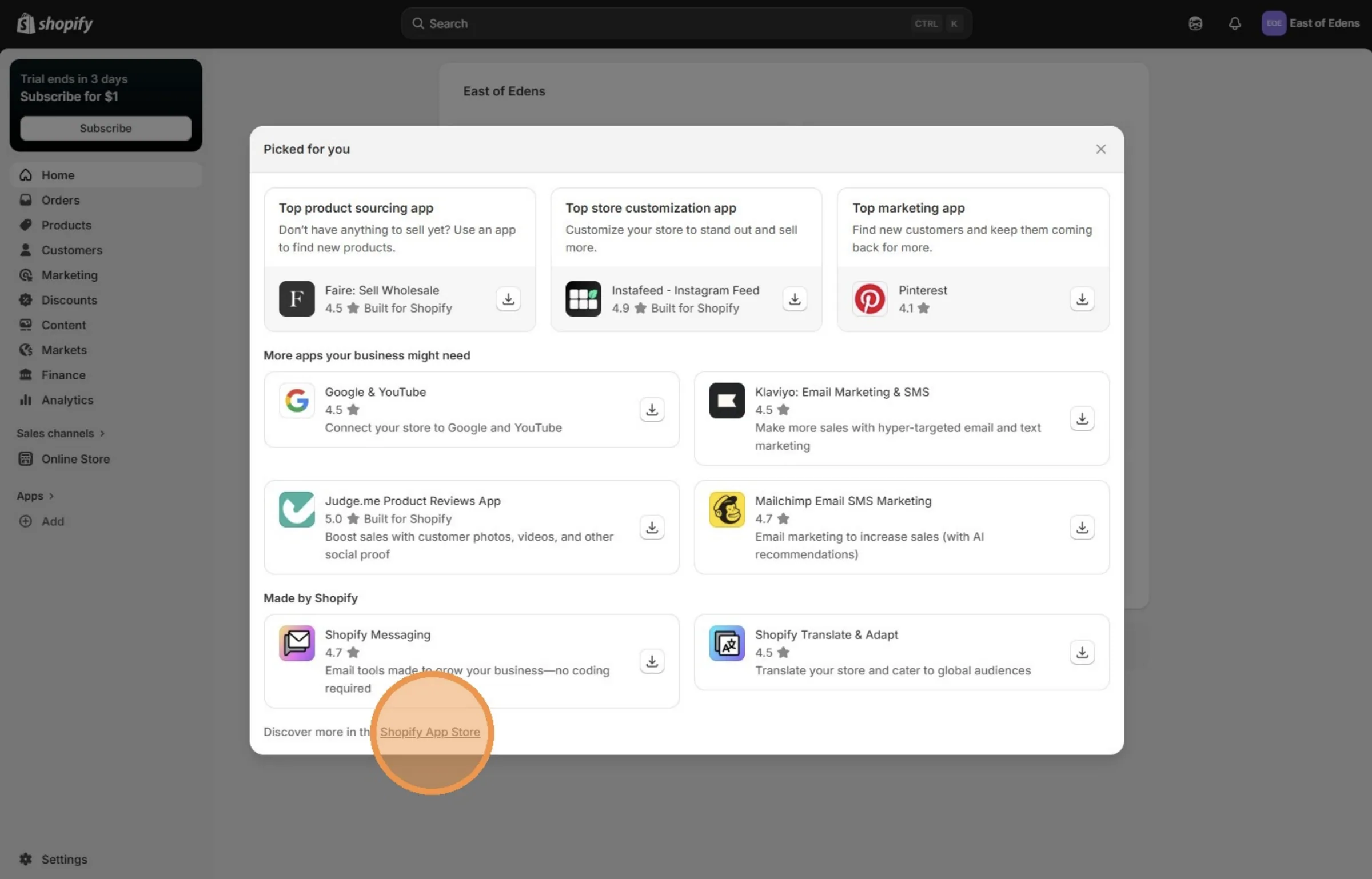 Click "Shopify App Store"