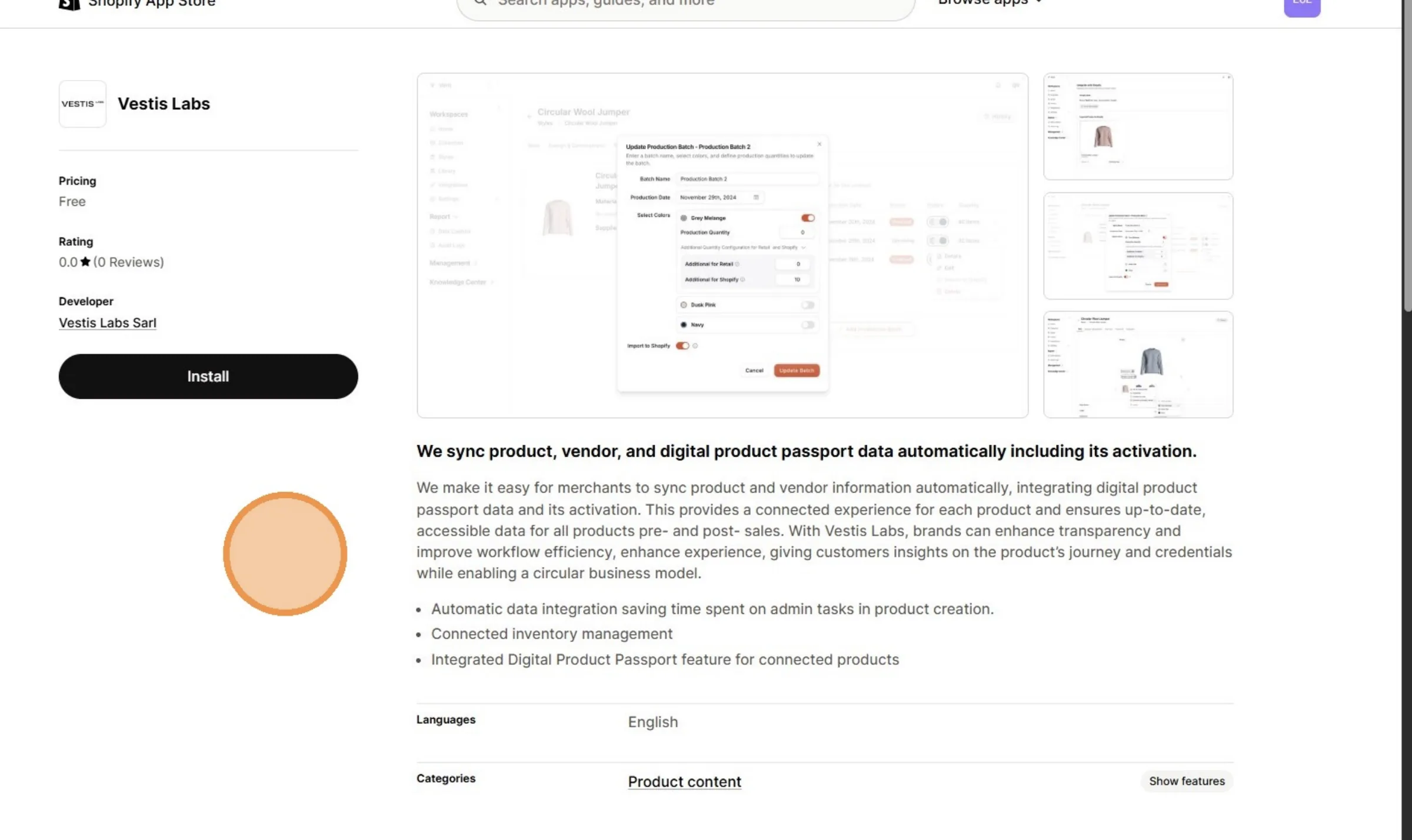 From this page, user need to install the Vestis Labs app on the Shopify App Store