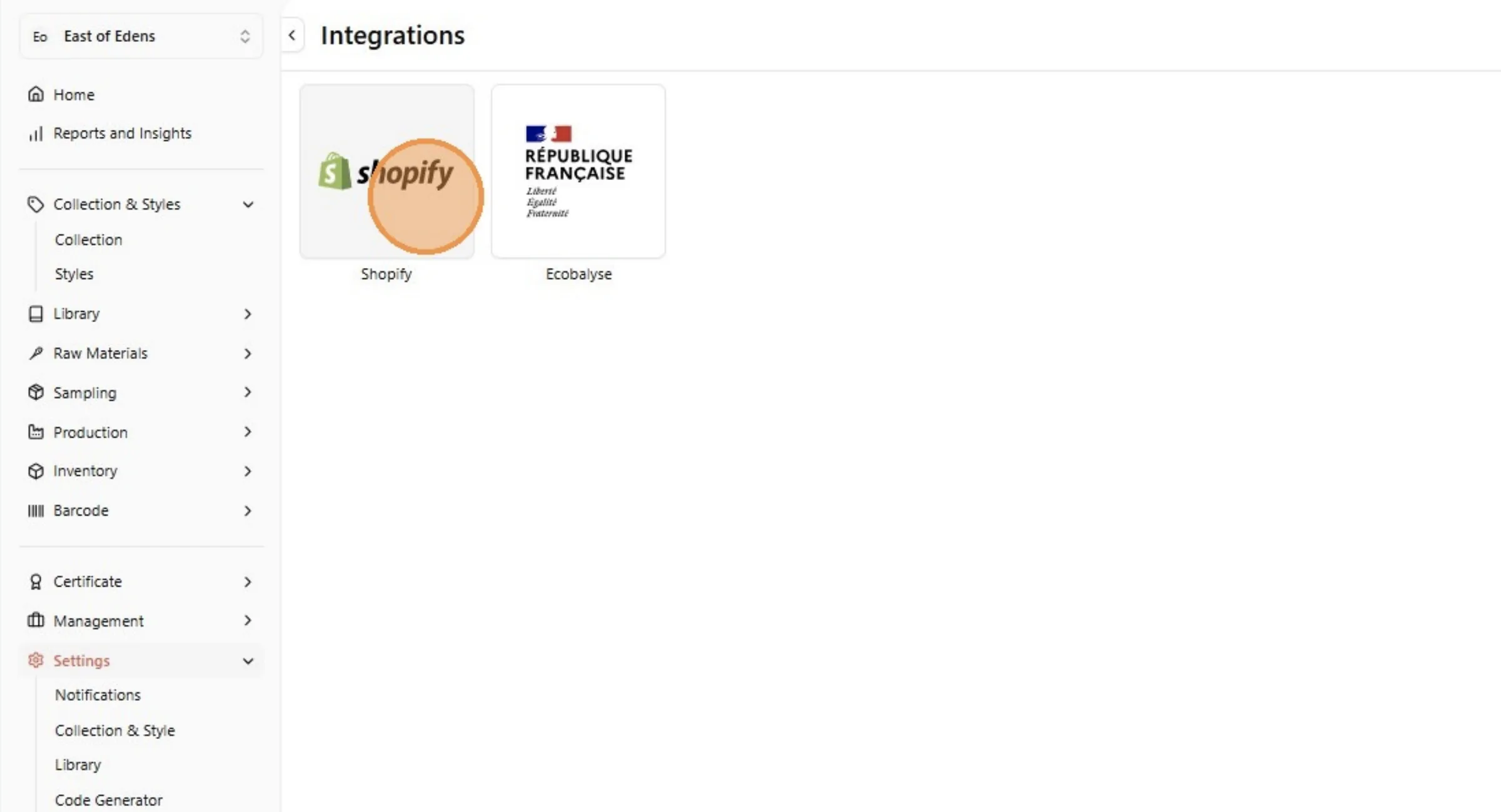 From this page, user need to access Shopify integration to integrate the Brand with Shopify.