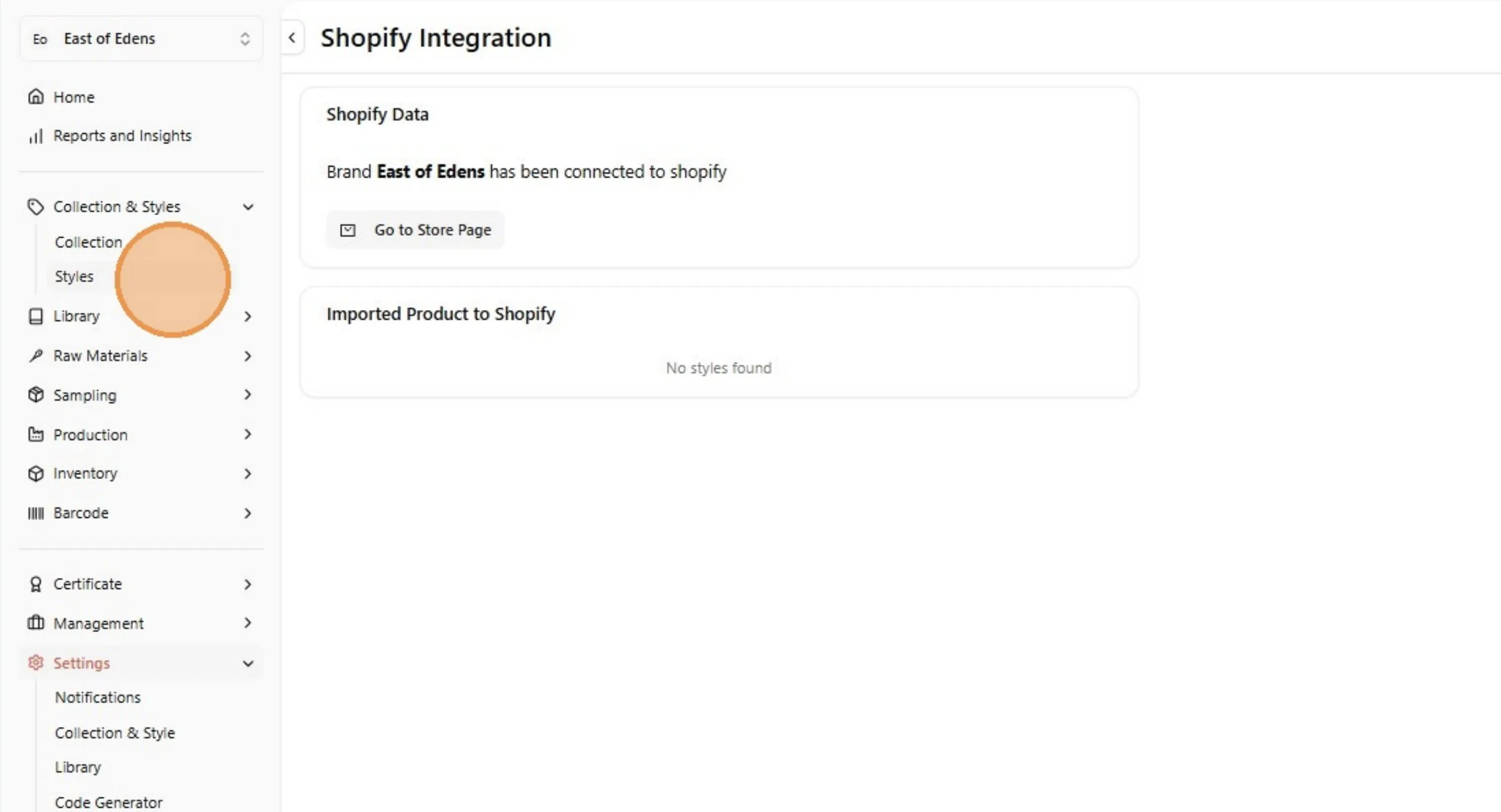 From the Shopify Integration page, Click "Styles" to view the Style page.