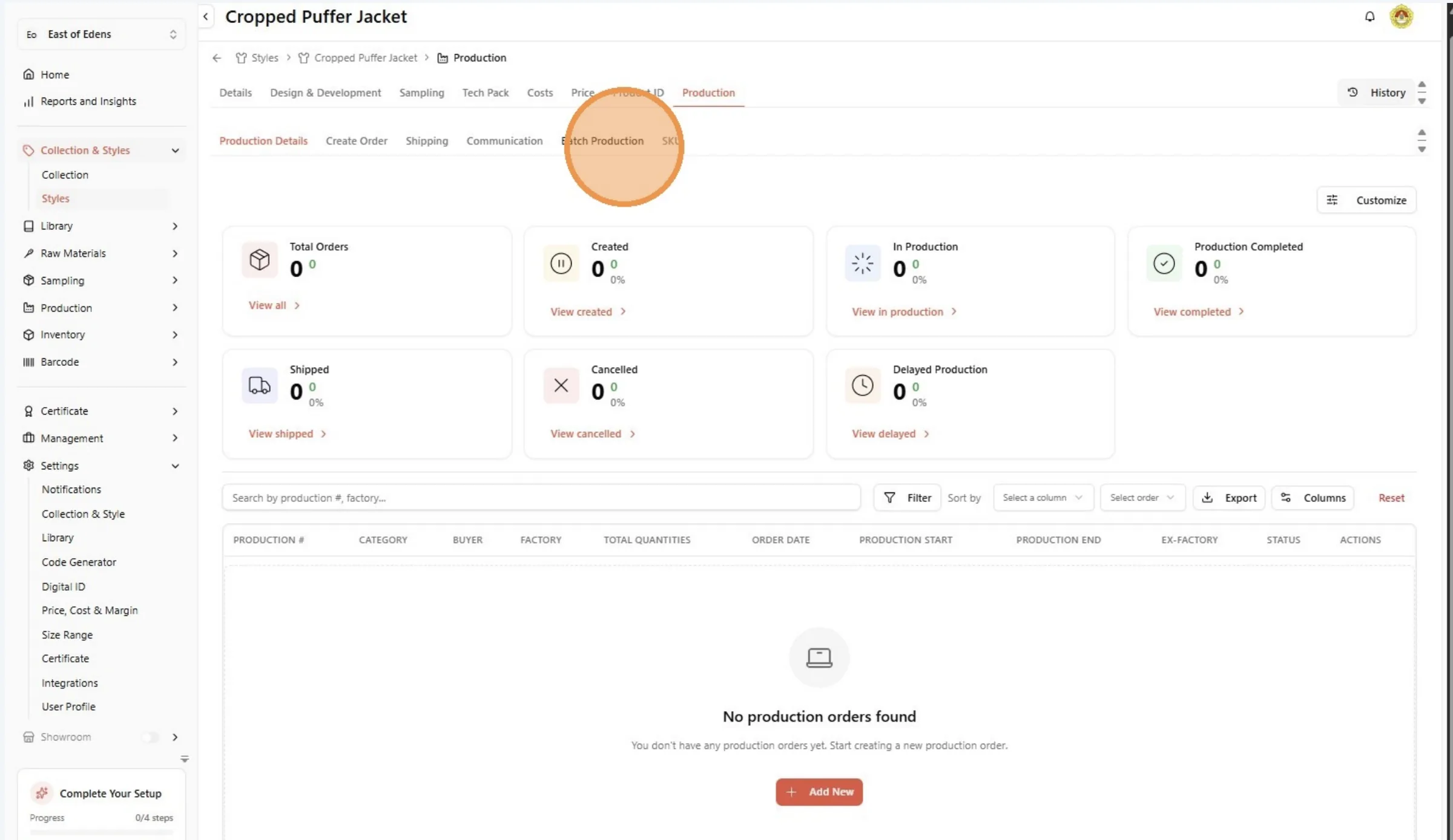 Click on Batch Production to access the Batch Production feature.