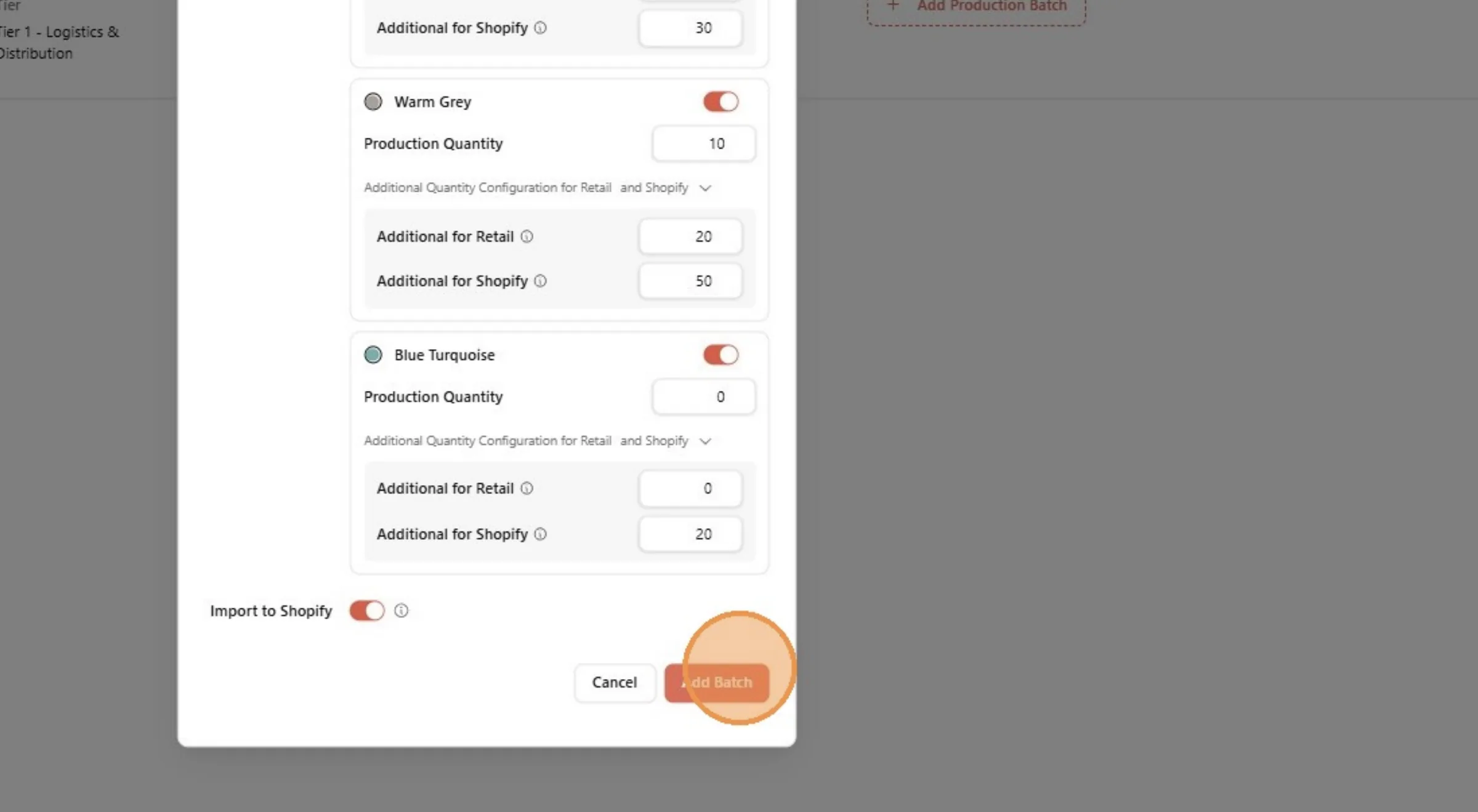 Click "Add Batch" to create the batch production and integrate the Style & Style quantity to Shopify