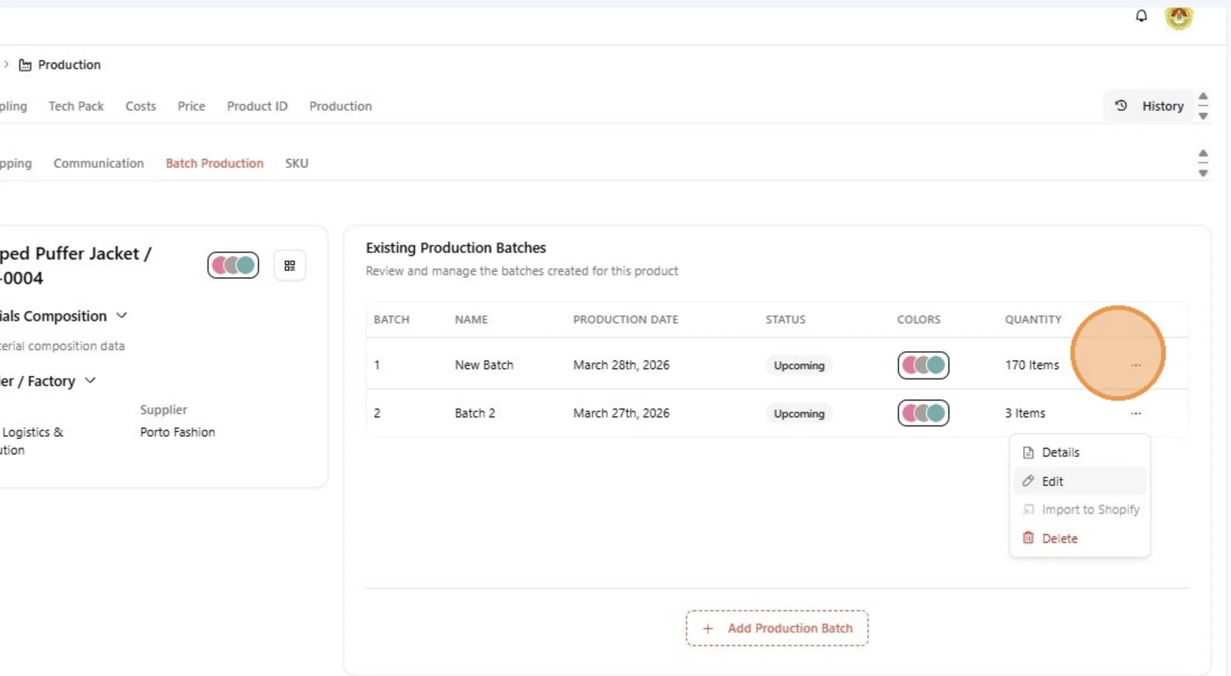 Whenever a user delete a production batch, it will also reflected on the Shopify.