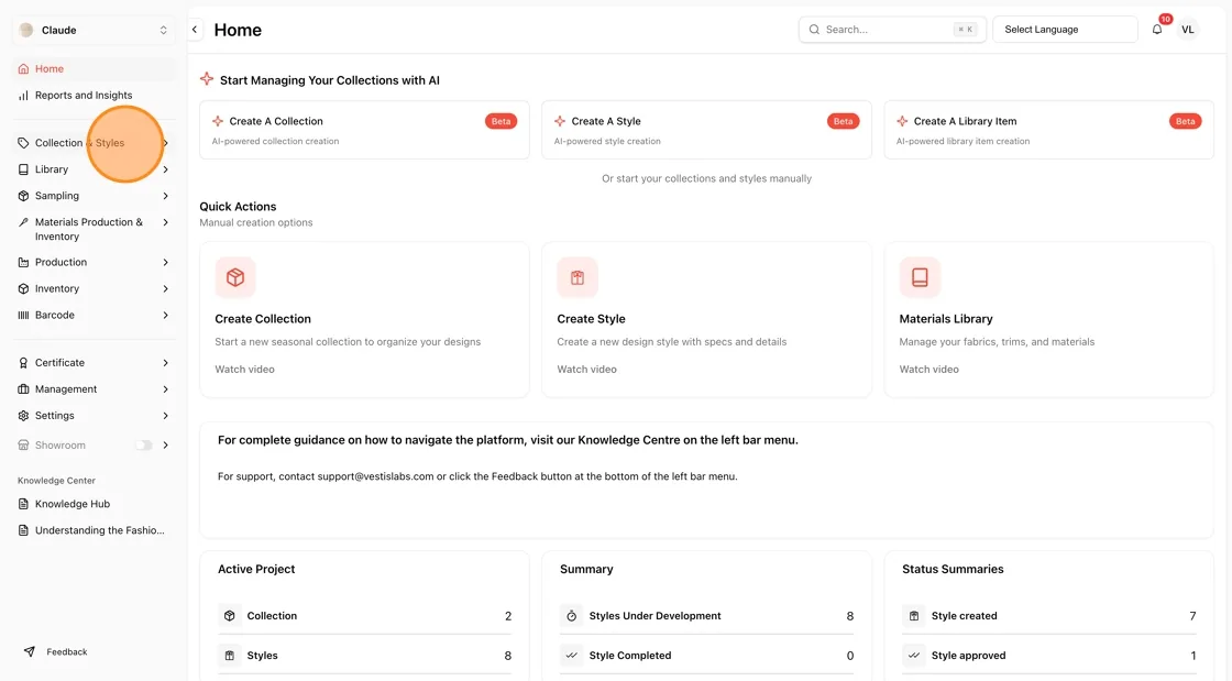 From the Home dashboard, click Collection & Styles in the left sidebar.