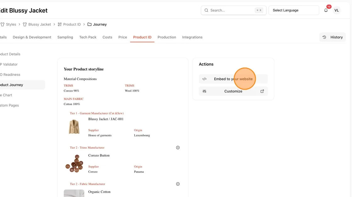 On the Product Journey page, under Actions, click Embed to your website.