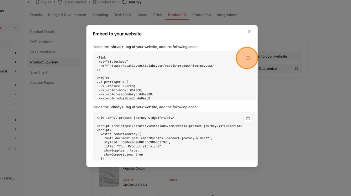 Click the copy icon next to the second block — the widget div and initialization script to add inside your website's…