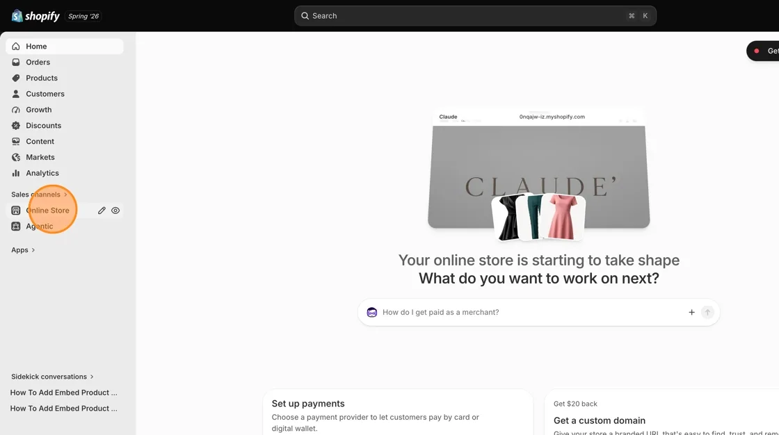 In your Shopify admin, go to Sales channels Online Store.