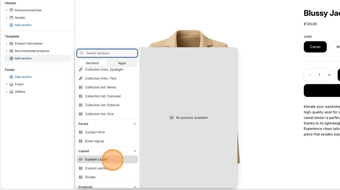 In the sections panel, scroll to Layout and select Custom Liquid.