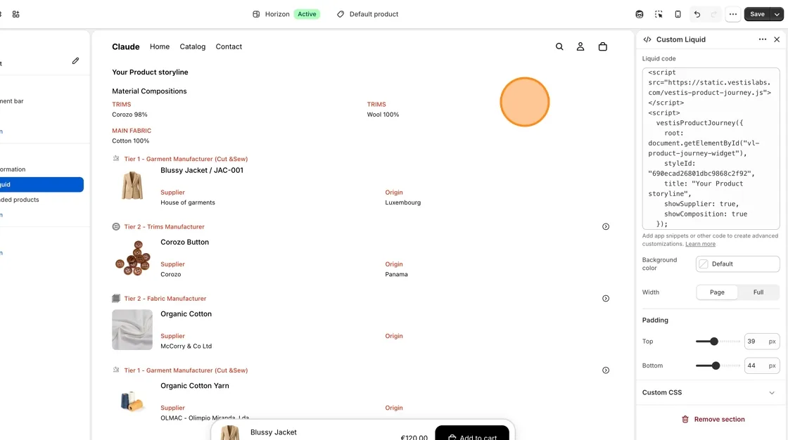 The Product Journey widget ("Your Product Storyline" : material composition, tier suppliers, and origins) now renders on the…
