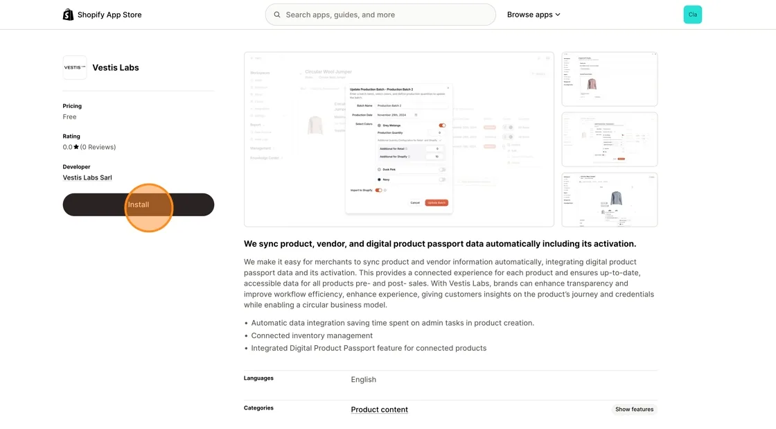 Install Vestis Labs from the Shopify App Store
