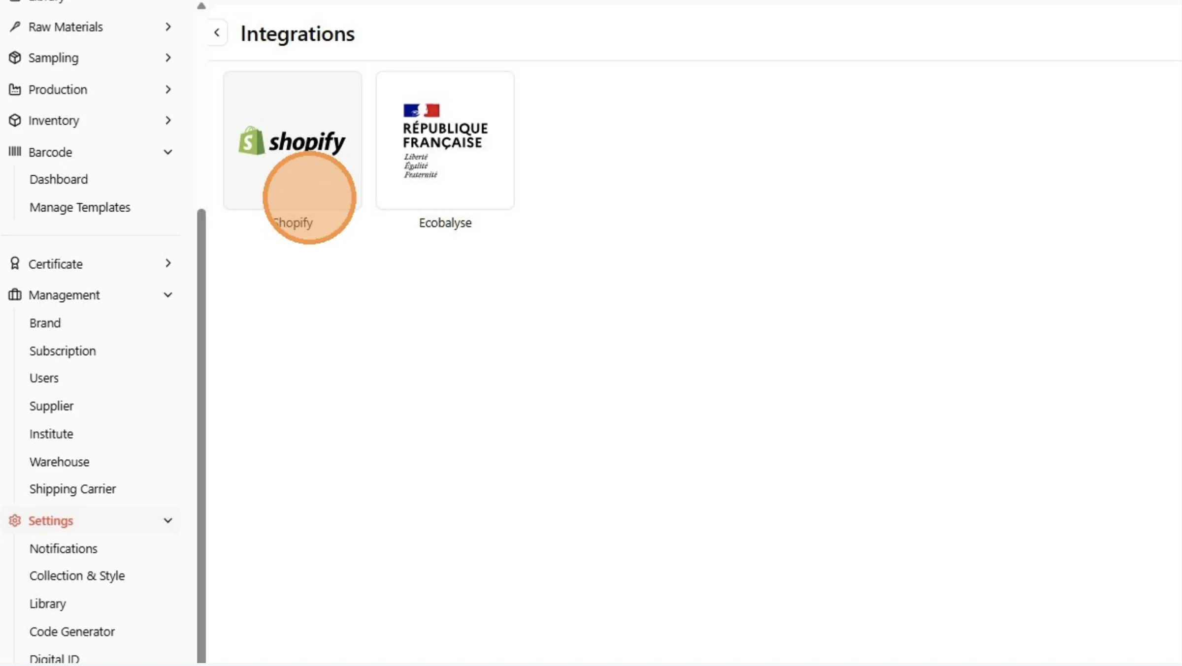 Click the Shopify button.