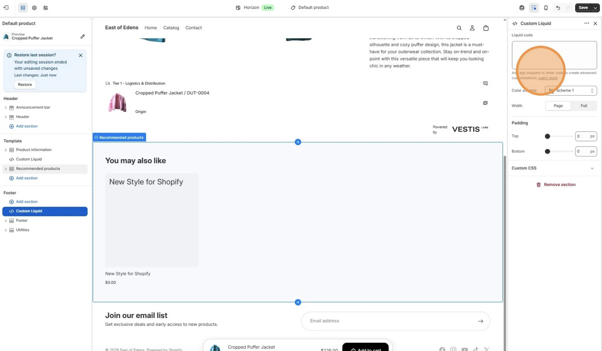 The Product Journey code will be embedded in the Liquid code field.