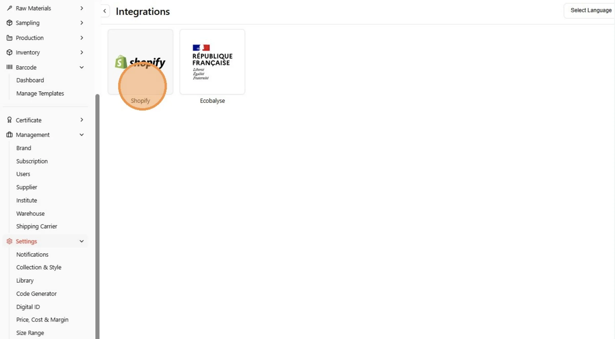 Click the Shopify button.