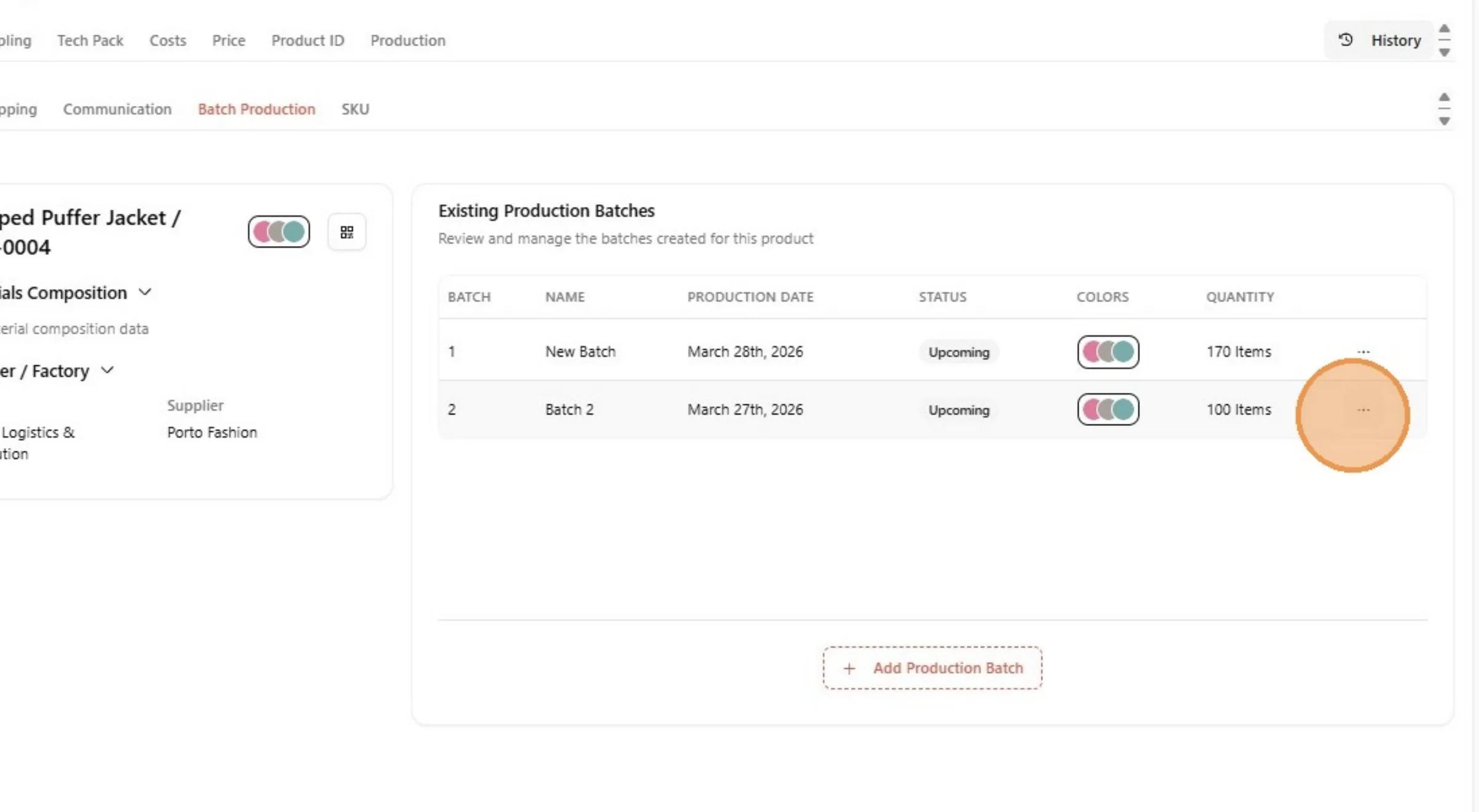 The Batch Production list with the three dot button on a batch row