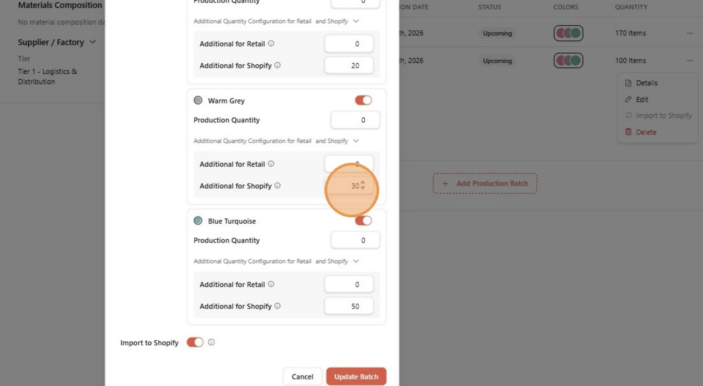 The Additional for Shopify field filled in for a colour