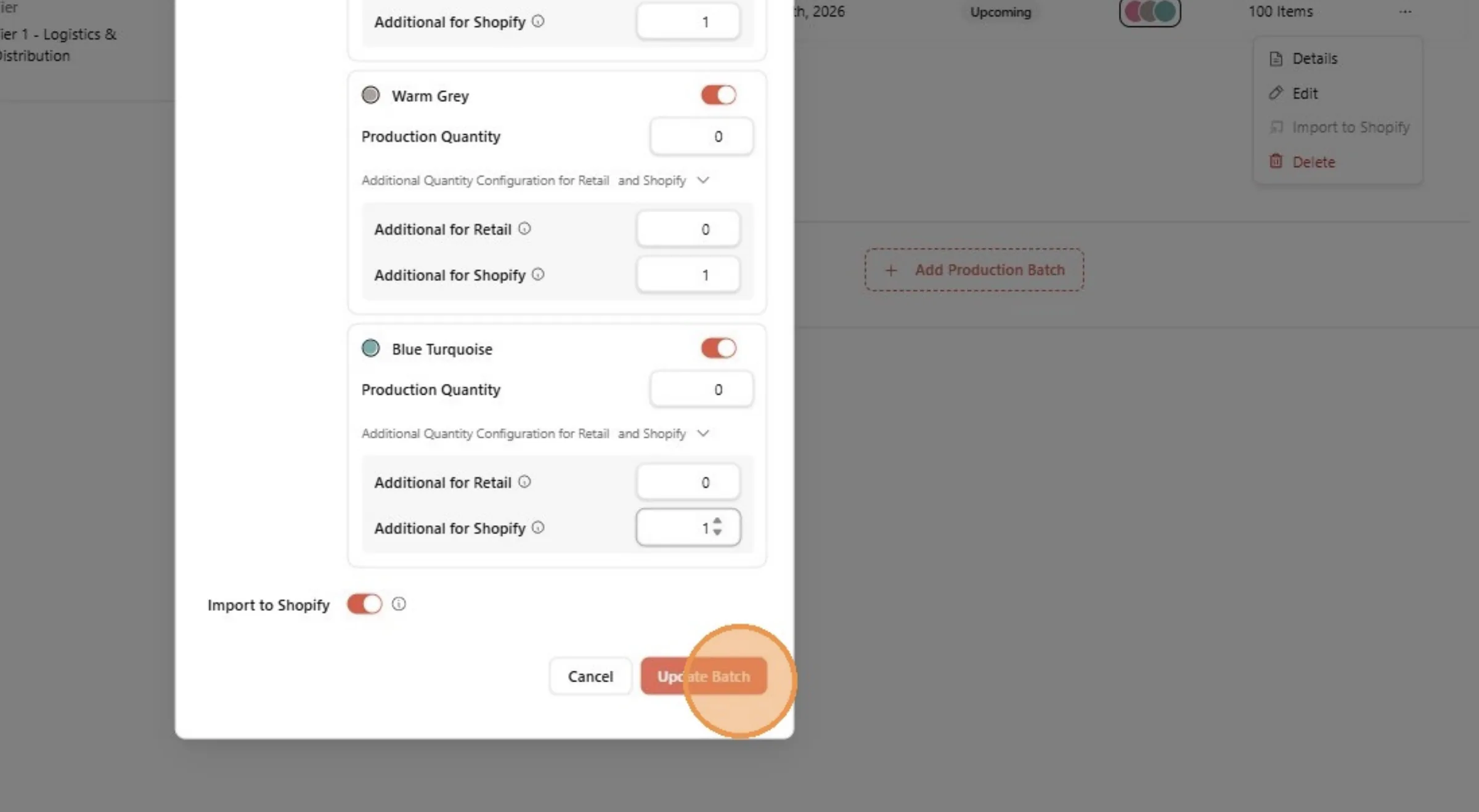 The Update Batch button at the bottom of the dialog
