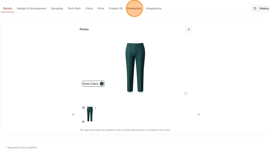 On the style's detail page, click the Production tab in the top navigation.