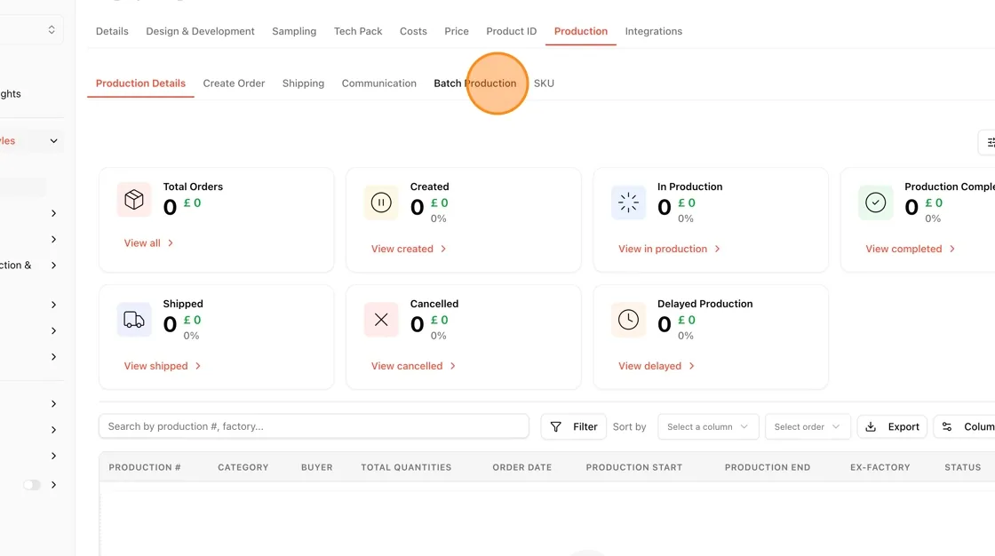 Within the Production section, select the Batch Production sub-tab.