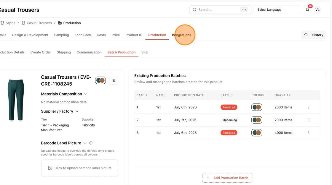 Still on the Production page, click the Integrations tab.