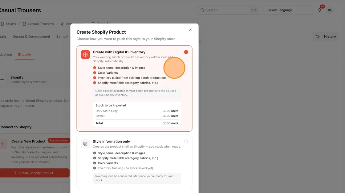 Review the Stock to be imported summary to confirm the units per color and total quantity.