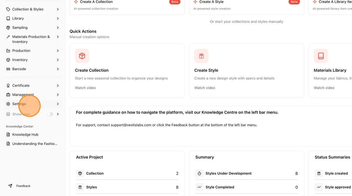 From the Home dashboard, click Settings in the left sidebar.