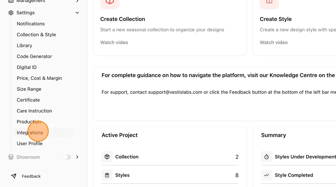 Expand the Settings menu and select Integrations.