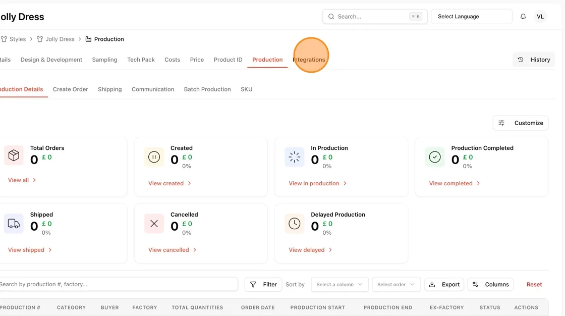 Inside the style's edit page, open the Production tab area and click Integrations in the top navigation.