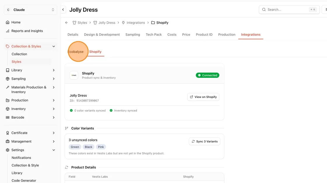 On the style's Integrations page, click the Ecobalyse tab (next to Shopify) to open the Environmental Cost Calculator.
