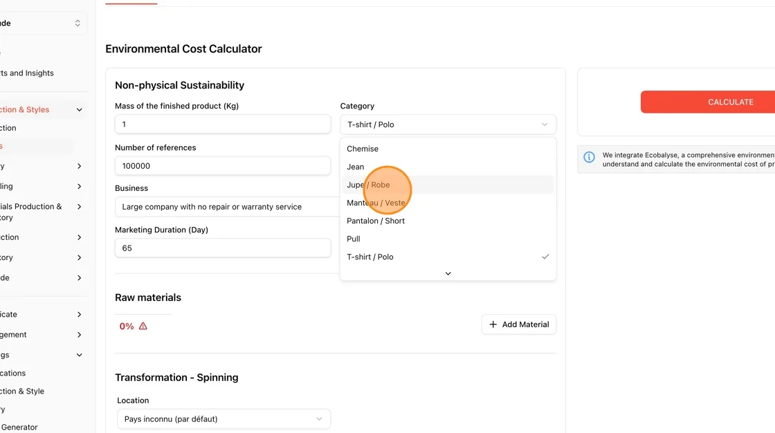 Open the Category dropdown and select the matching product category (e.g., Jupe / Robe for a dress/skirt).