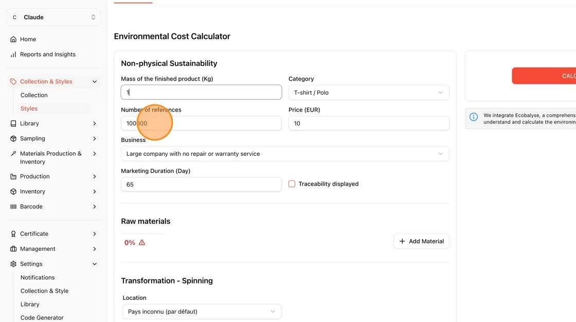 Enter the Number of references (units produced) and double-check the Mass value.