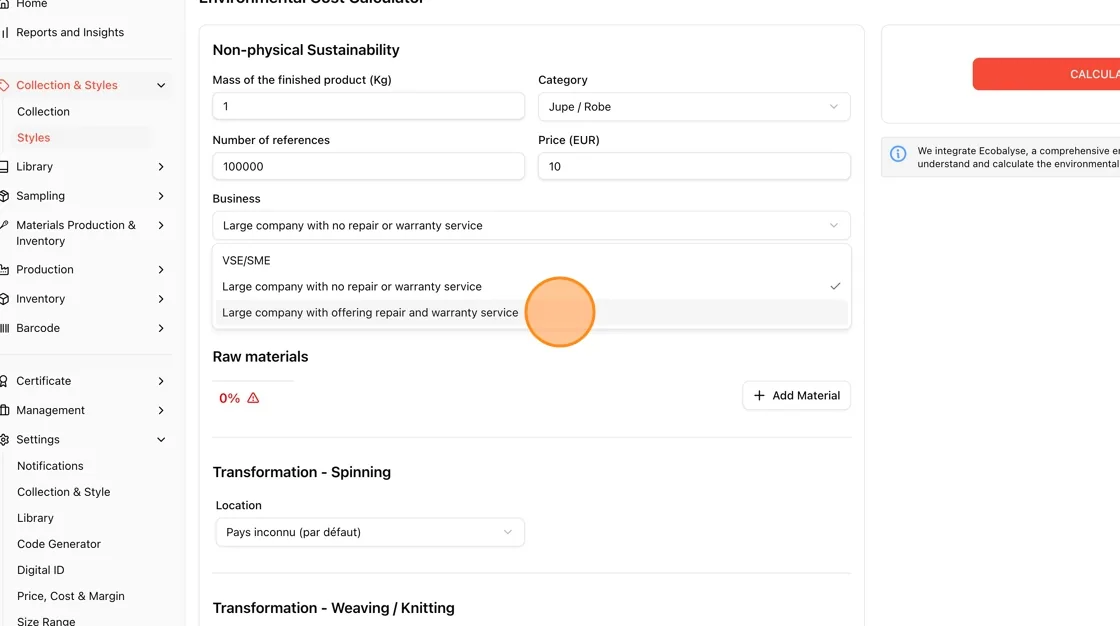 Open the Business dropdown and select the option that matches your company (e.g., Large company with offering repair and…