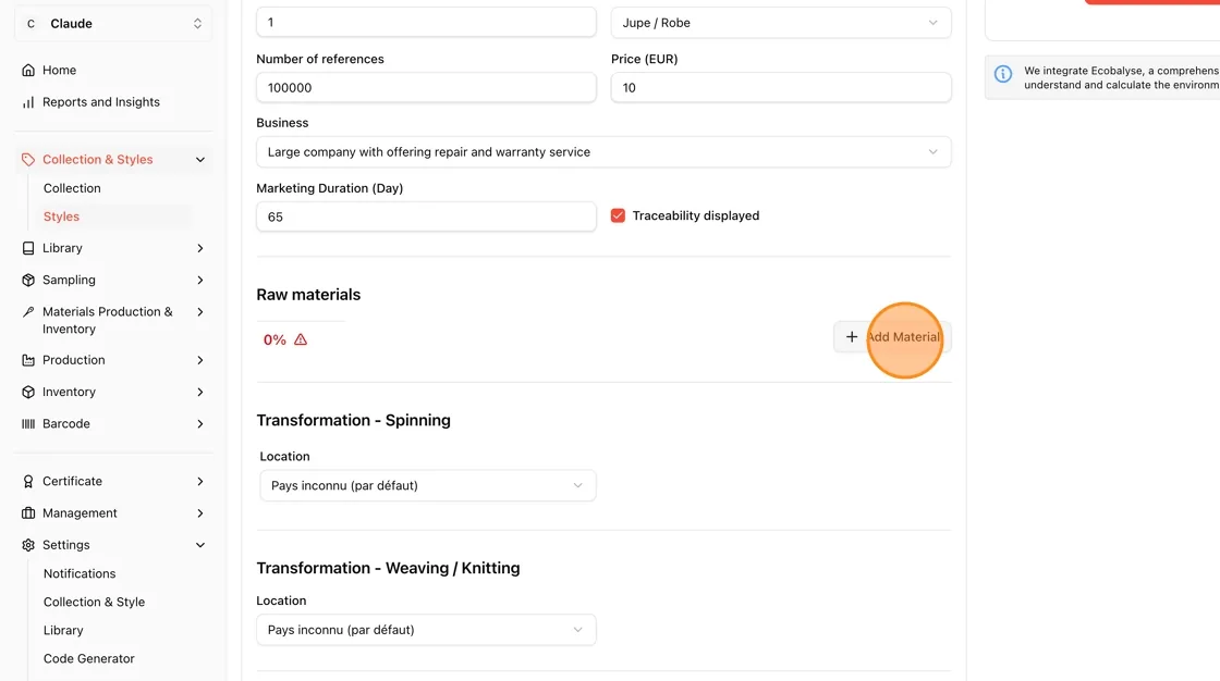 Under Raw materials, click + Add Material to add a material line.