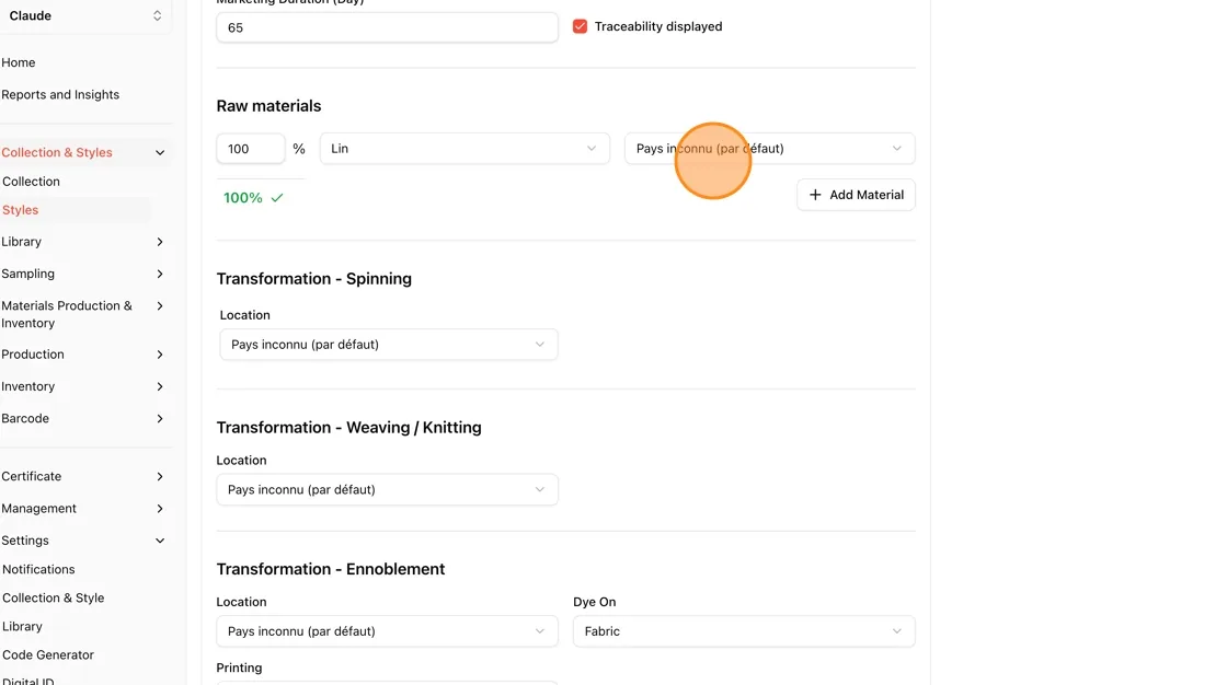 Open the country/region dropdown next to the material and choose where it's sourced from (e.g., Pays inconnu (par défaut),…
