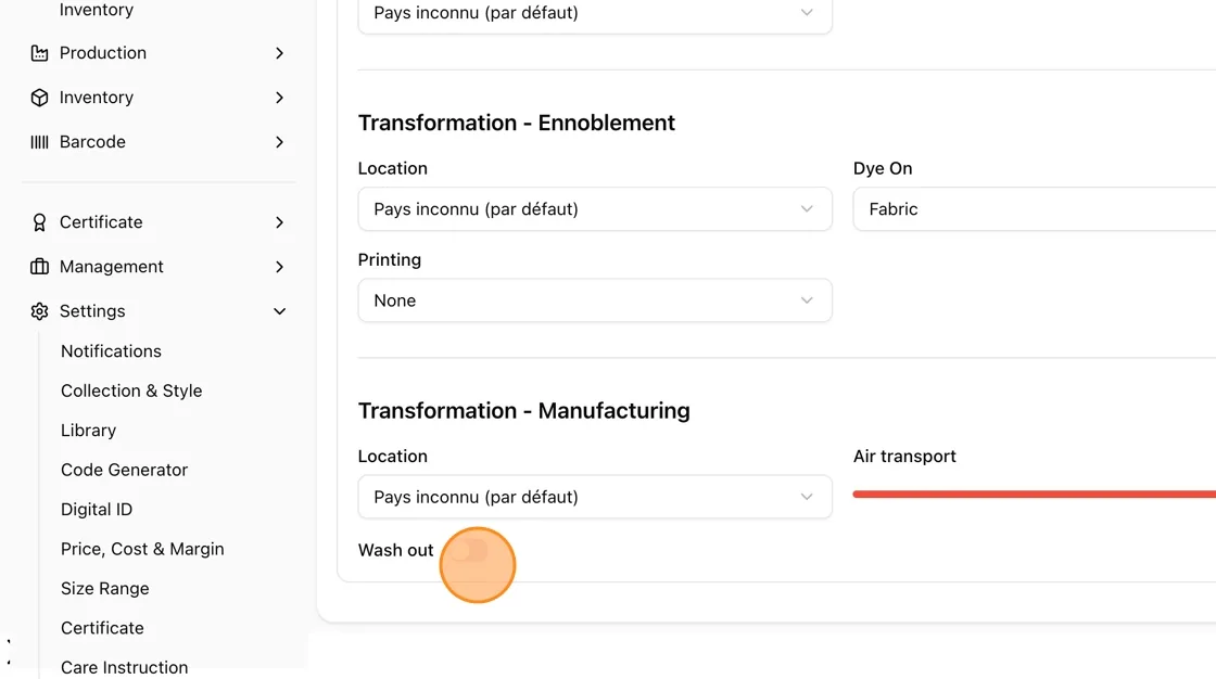 Under Transformation - Manufacturing, set the Location, and toggle Wash out on or off as applicable.