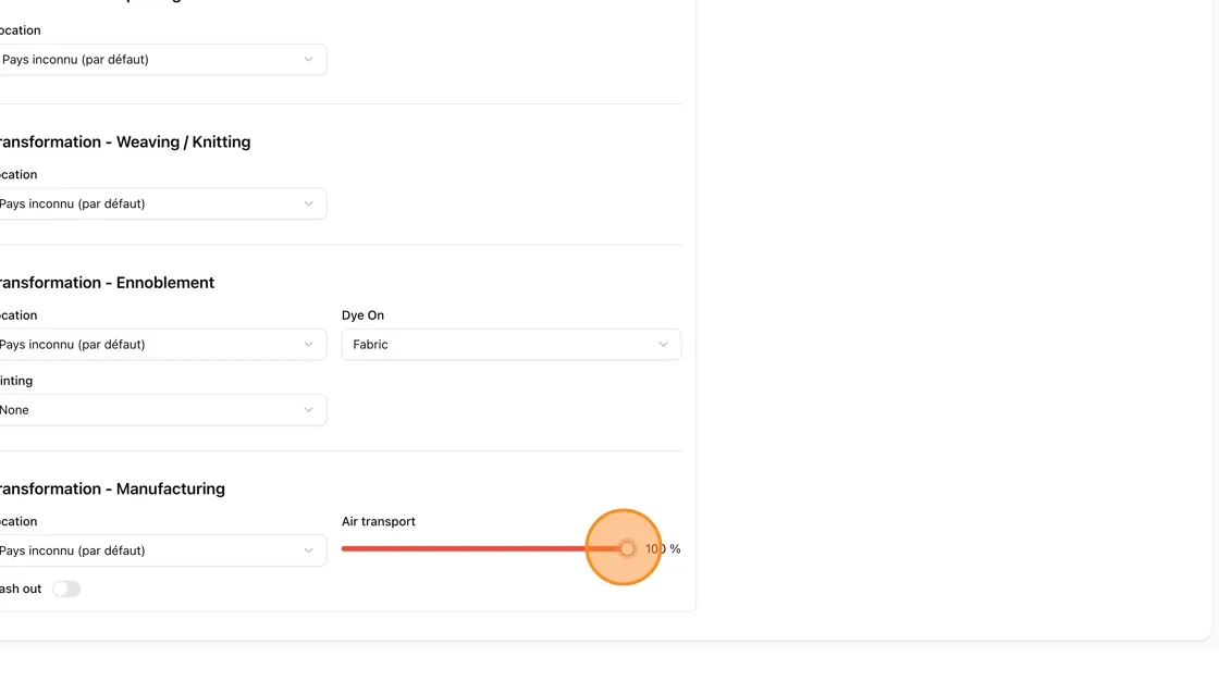 Adjust the Air transport slider (e.g., 100%) to reflect the share of transport by air