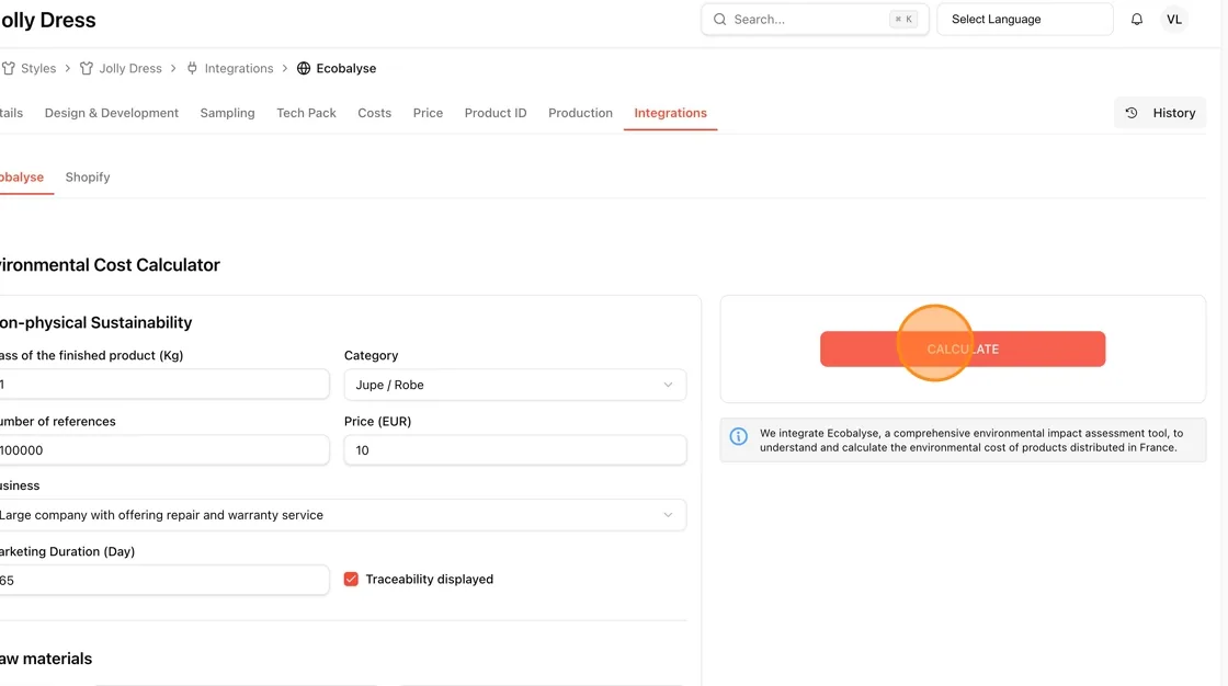 Click the red CALCULATE button to run the Ecobalyse assessment.