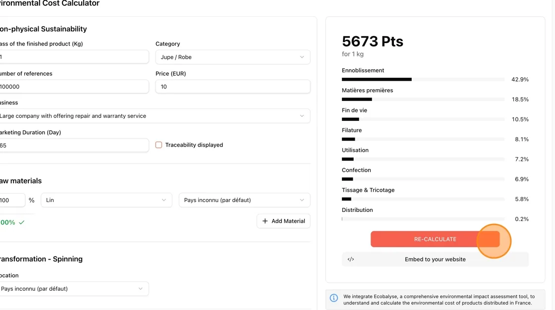 If you edit any field afterward, click RE-CALCULATE to refresh the score before embedding.