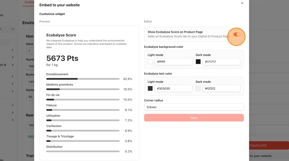 The results panel shows the environmental score.
