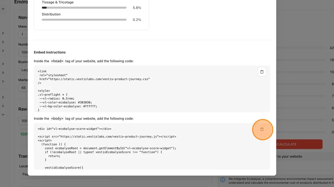 Tip: Add the head code via your theme's head/custom-code section, and the body code where you want the Ecobalyse Score…
