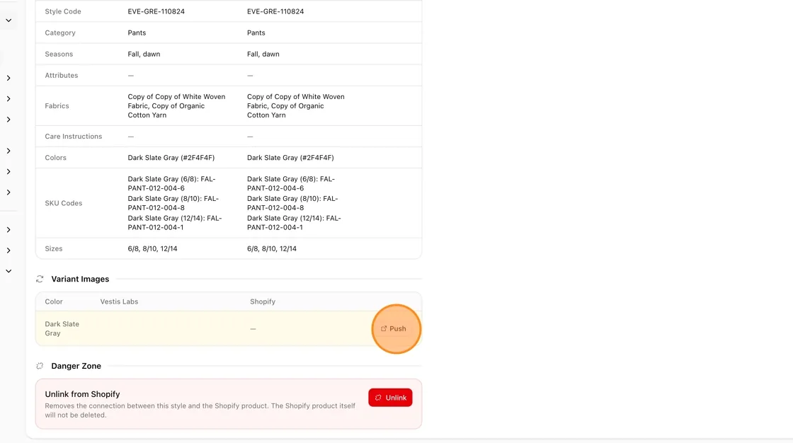 Scroll down to the Variant Images table, which compares images on Vestis Labs vs.
