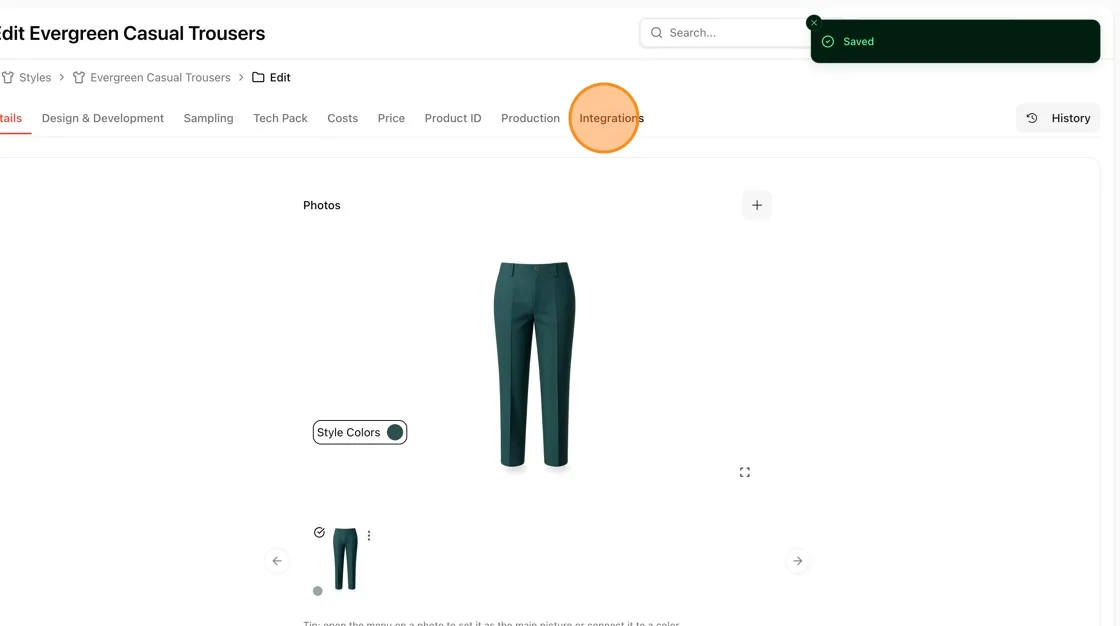 Navigate to the Integrations tab, then the Shopify sub-tab, to check the sync status with your connected Shopify product.